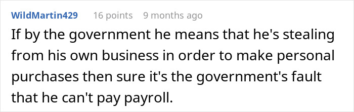 Screenshot of a Reddit comment discussing a boss making personal purchases and delaying worker pay, highlighting issues with payroll. Screenshot of a Reddit comment discussing a boss making personal purchases and delaying worker pay, highlighting issues with payroll.