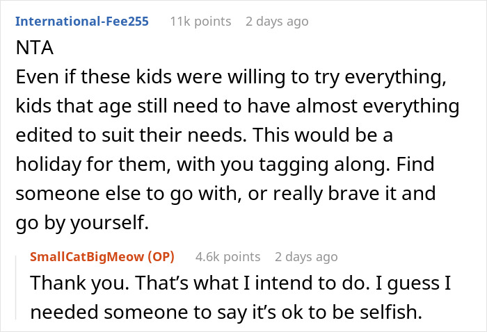 Screenshot of a Reddit conversation about a man planning a life-changing trip after cancer and dealing with picky kids. Screenshot of a Reddit conversation about a man planning a life-changing trip after cancer and dealing with picky kids.