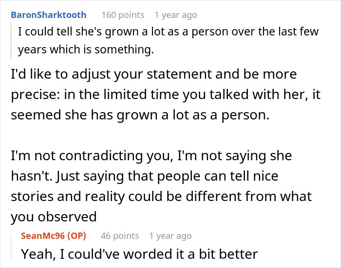 Screenshot of a Reddit conversation discussing personal growth and forgiveness involving a man raising a newborn alone. Screenshot of a Reddit conversation discussing personal growth and forgiveness involving a man raising a newborn alone.