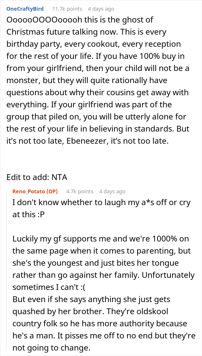Reddit thread discussing parenting challenges with toddler destroying cake and family reactions, highlighting major side-eye from parents. Reddit thread discussing parenting challenges with toddler destroying cake and family reactions, highlighting major side-eye from parents.
