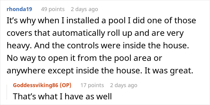 Comment discussing installing an automatic pool cover with indoor controls to prevent unauthorized pool use. Comment discussing installing an automatic pool cover with indoor controls to prevent unauthorized pool use.
