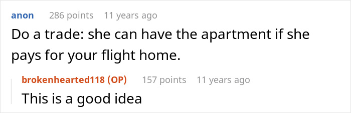 Online discussion suggesting a trade involving the ex-fiance and Valentine Day apartment arrangement. Online discussion suggesting a trade involving the ex-fiance and Valentine Day apartment arrangement.