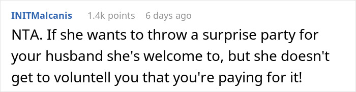 Text post from a discussion about a MIL wanting to surprise her son’s birthday, expecting DIL to pay for a fancy restaurant party. Text post from a discussion about a MIL wanting to surprise her son’s birthday, expecting DIL to pay for a fancy restaurant party.