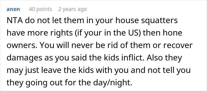Screenshot of a forum comment warning against letting family members turn a sister’s home into a shelter for brother’s family. Screenshot of a forum comment warning against letting family members turn a sister’s home into a shelter for brother’s family.