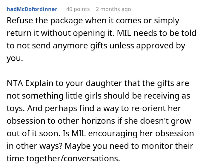 Comment advising to refuse MIL’s weird gift to pregnancy-obsessed 6-year-old and monitor their time together. Comment advising to refuse MIL’s weird gift to pregnancy-obsessed 6-year-old and monitor their time together.