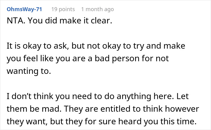 Comment defending burned out uncle saying no to babysitting, addressing family guilt-tripping and personal boundaries. Comment defending burned out uncle saying no to babysitting, addressing family guilt-tripping and personal boundaries.