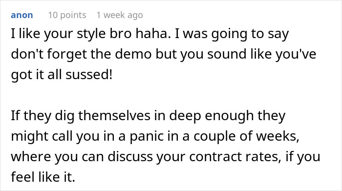 Comment on forum post about worker agreeing to start new project despite being fired, discussing contract rates. Comment on forum post about worker agreeing to start new project despite being fired, discussing contract rates.