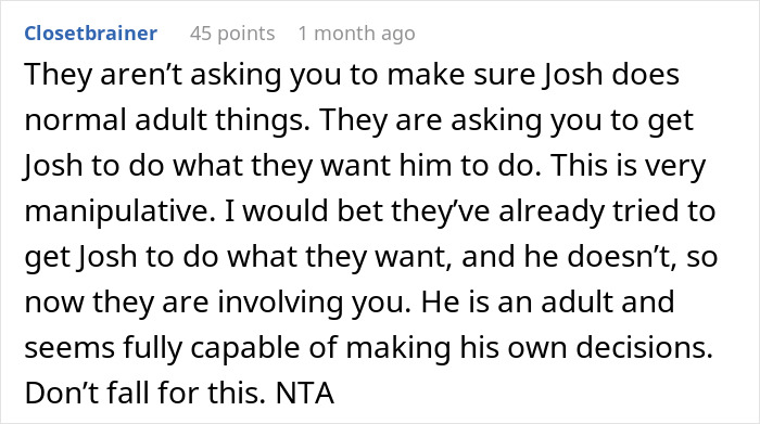 Comment discussing helicopter parents manipulating their 29-year-old son and involving his girlfriend unfairly. Comment discussing helicopter parents manipulating their 29-year-old son and involving his girlfriend unfairly.