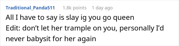 Comment on social media expressing support for someone called too depressed to babysit, advising against babysitting again. Comment on social media expressing support for someone called too depressed to babysit, advising against babysitting again.