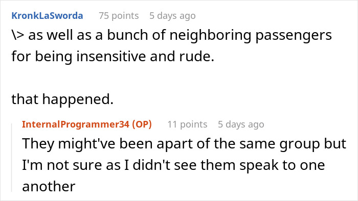 Comments from Reddit thread discussing passenger moving seats on flight after special needs kid’s kickfest, facing blame nearby. Comments from Reddit thread discussing passenger moving seats on flight after special needs kid’s kickfest, facing blame nearby.