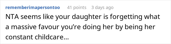 Screenshot of a social media comment discussing a woman upset about her mom booking a vacation and not babysitting her kids. Screenshot of a social media comment discussing a woman upset about her mom booking a vacation and not babysitting her kids.
