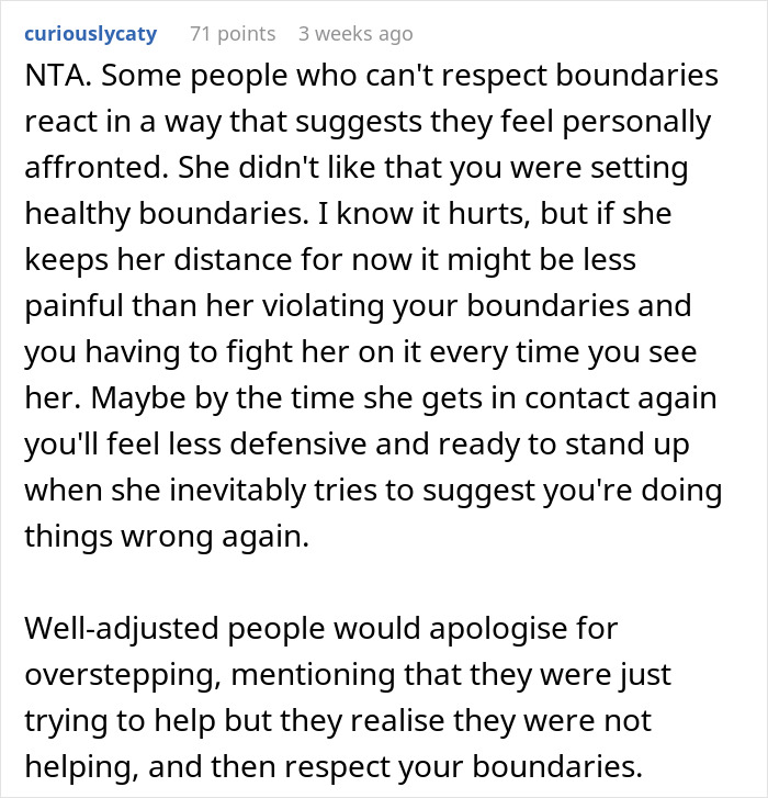 Reddit comment explaining how setting boundaries helps a woman manage food talk triggers due to her son’s autism.