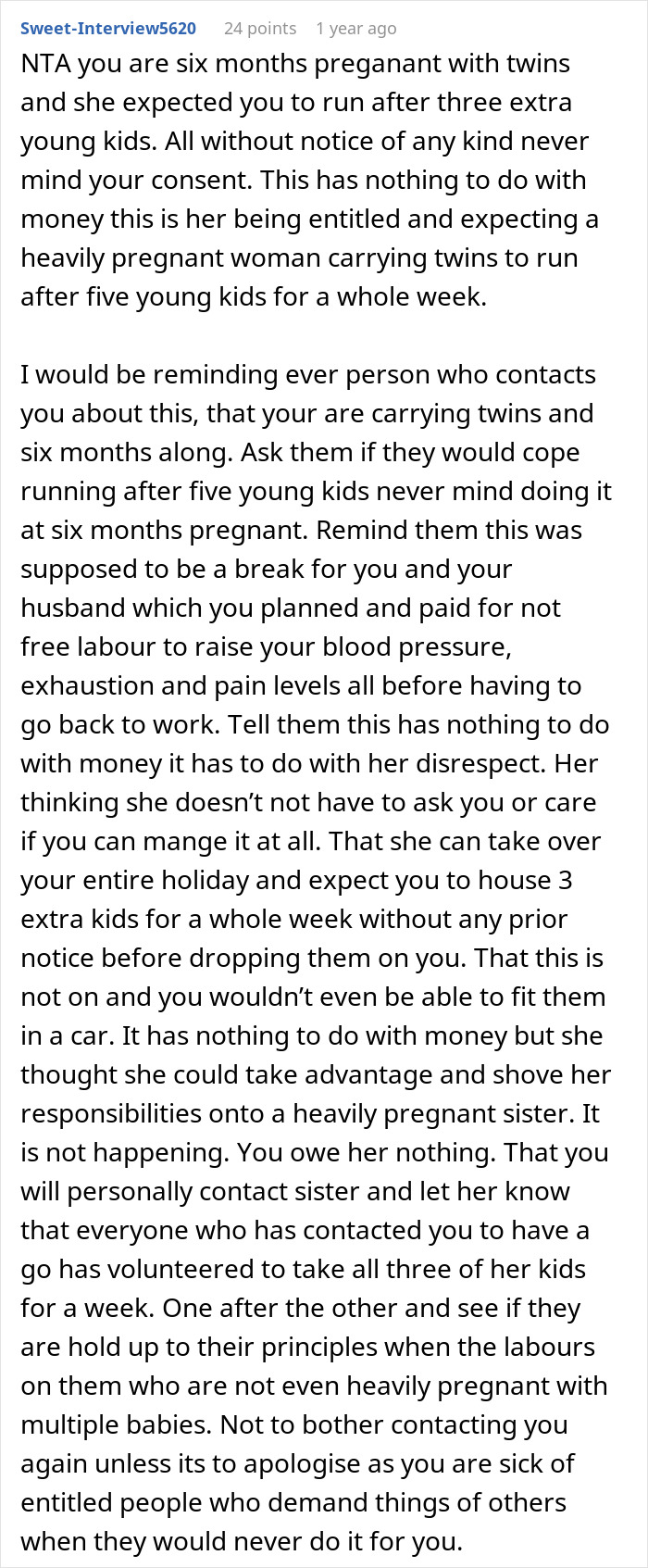 Comment discussing refusal to babysit step sister’s kids during holiday leading to family drama involving pregnancy challenges. Comment discussing refusal to babysit step sister’s kids during holiday leading to family drama involving pregnancy challenges.