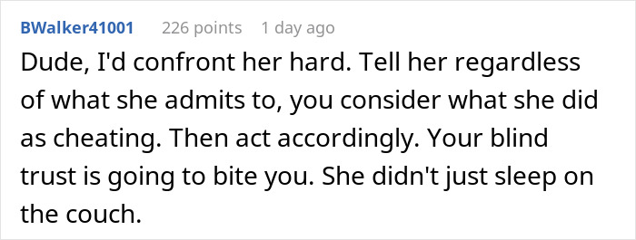 Comment discussing confronting a wife about her catch-up with her ex that led to a sleepover, leaving husband confused. Comment discussing confronting a wife about her catch-up with her ex that led to a sleepover, leaving husband confused.