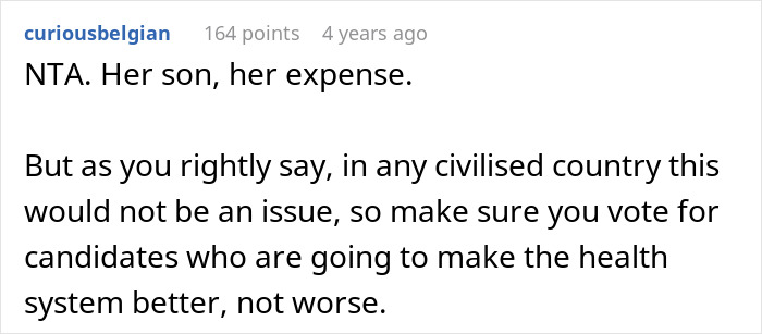 Comment discussing refusal to pay medical bills for roommate's son after allergic reaction and health system improvements.