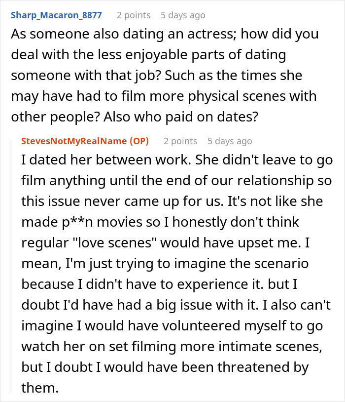 Reddit thread showing a user sharing what it was really like to date a famous actress for over a year.