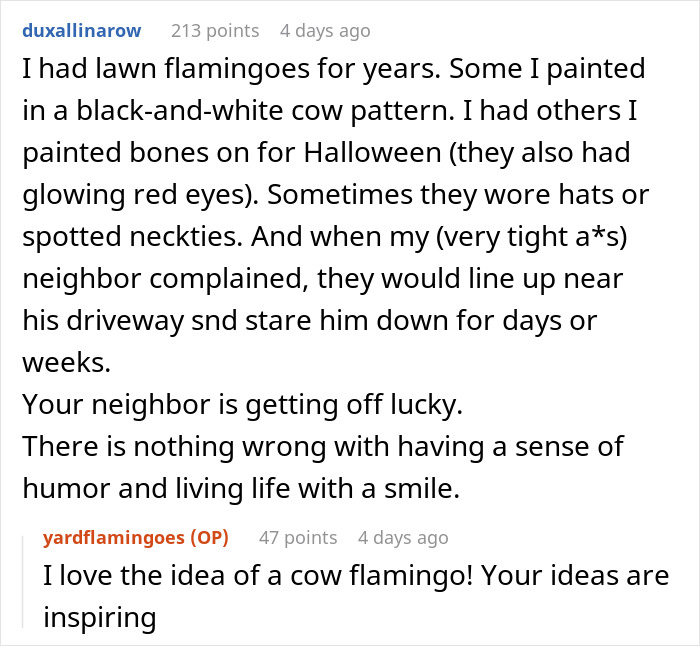 Comment discussing creative lawn flamingoes and neighbor reactions in a Facebook campaign about pink flamingos.