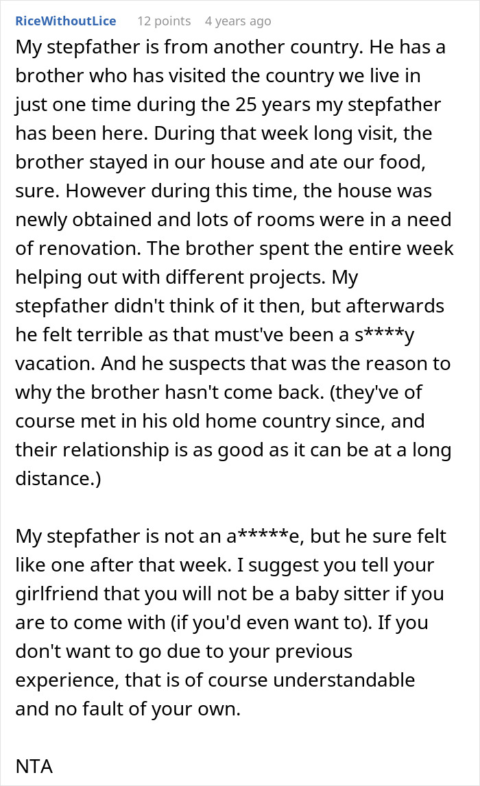 Text post discussing challenges of watching multiple kids and refusing to go on a trip with girlfriend’s family again. Text post discussing challenges of watching multiple kids and refusing to go on a trip with girlfriend’s family again.
