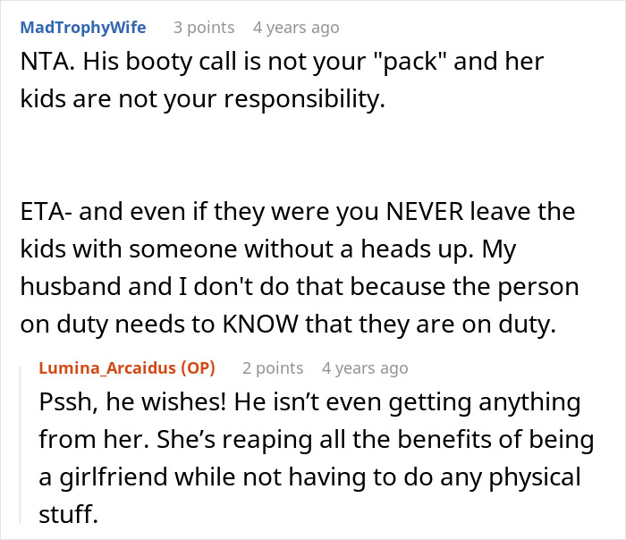 Reddit conversation where woman calls out roommate for leaving girlfriend’s kids to babysit, demanding he do the parent thing. Reddit conversation where woman calls out roommate for leaving girlfriend’s kids to babysit, demanding he do the parent thing.