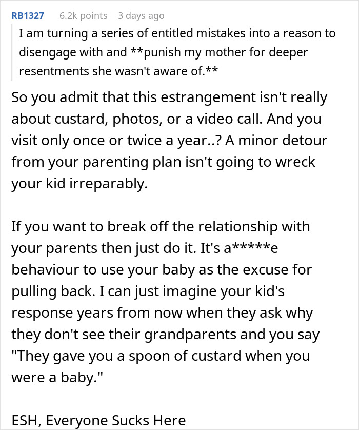 Screenshot of an online discussion about keeping son away from grandmother after being fed custard, highlighting family estrangement. Screenshot of an online discussion about keeping son away from grandmother after being fed custard, highlighting family estrangement.