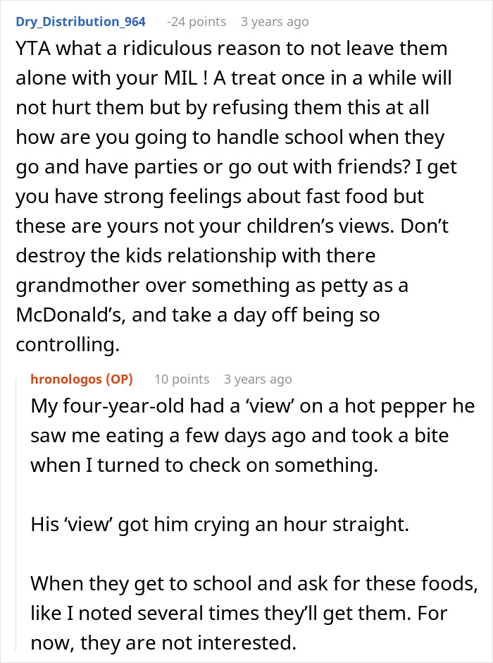 Reddit discussion about mom refusing to leave kids with MIL due to concerns over feeding them fast food. Reddit discussion about mom refusing to leave kids with MIL due to concerns over feeding them fast food.