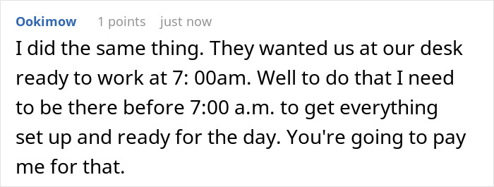 Comment text on a white background about boss obsessed with punctuality and employee finding a clever workaround.