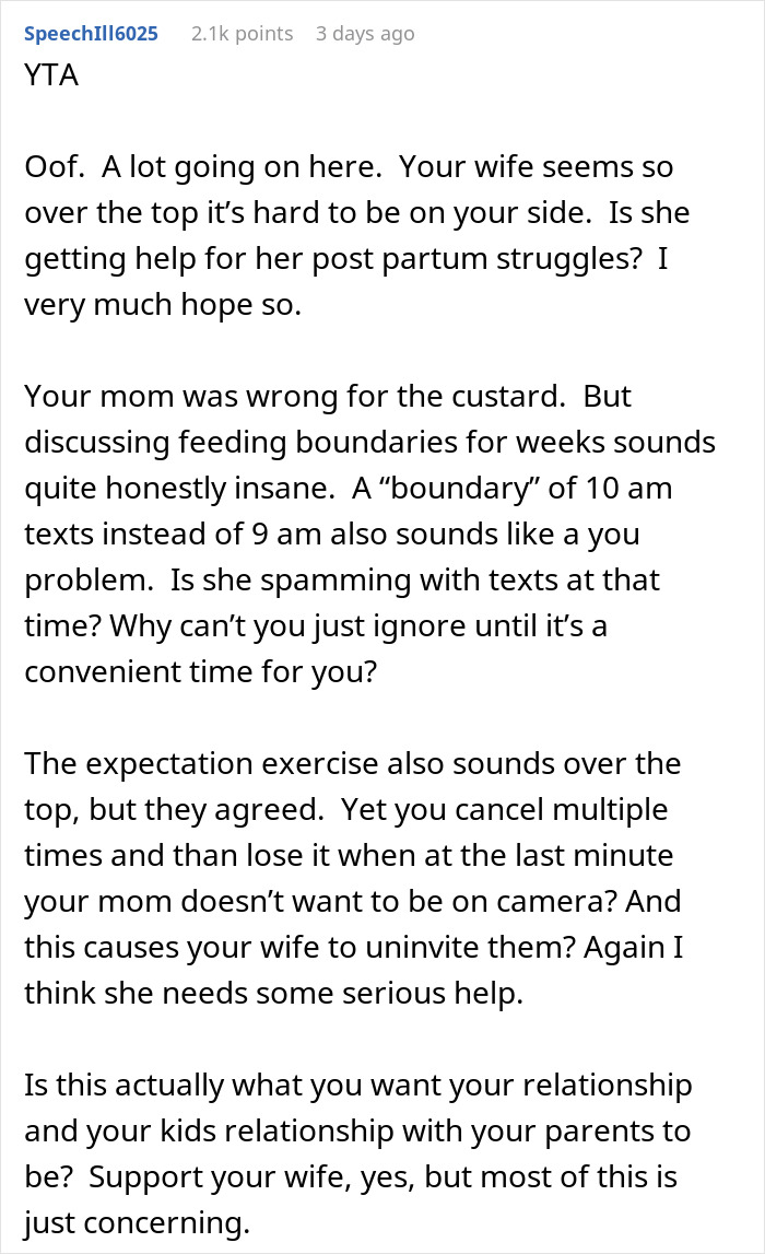 Reddit comment discussing keeping son away from grandmother after fed custard and concerns about family boundaries and postpartum help. Reddit comment discussing keeping son away from grandmother after fed custard and concerns about family boundaries and postpartum help.