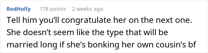 Screenshot of a forum comment discussing betrayal and forgiveness involving a cousin’s affair with her ex-partner.