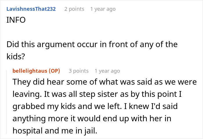 Screenshot of an online discussion about family drama involving a woman refusing to babysit her step sister’s kids. Screenshot of an online discussion about family drama involving a woman refusing to babysit her step sister’s kids.