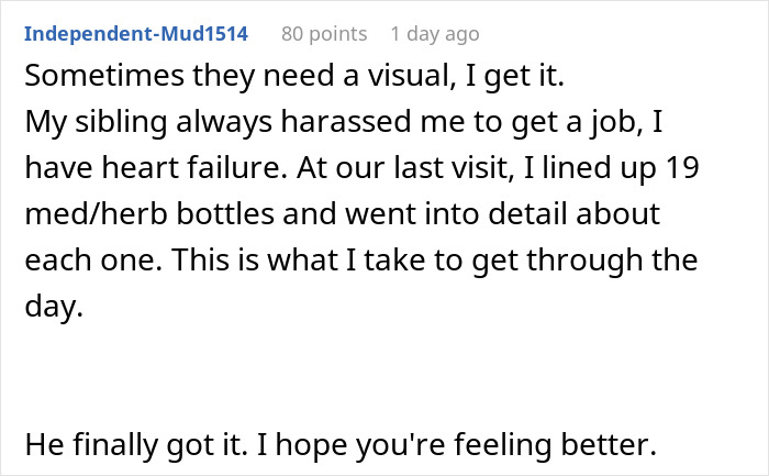 Comment explaining medications taken daily to manage health, illustrating challenges of depression and caregiving. Comment explaining medications taken daily to manage health, illustrating challenges of depression and caregiving.