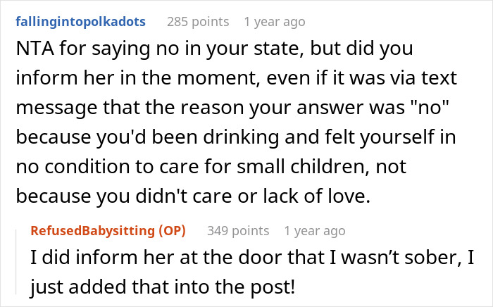Screenshot of a discussion about a guy refusing to watch kids during an emergency due to being under the influence. Screenshot of a discussion about a guy refusing to watch kids during an emergency due to being under the influence.