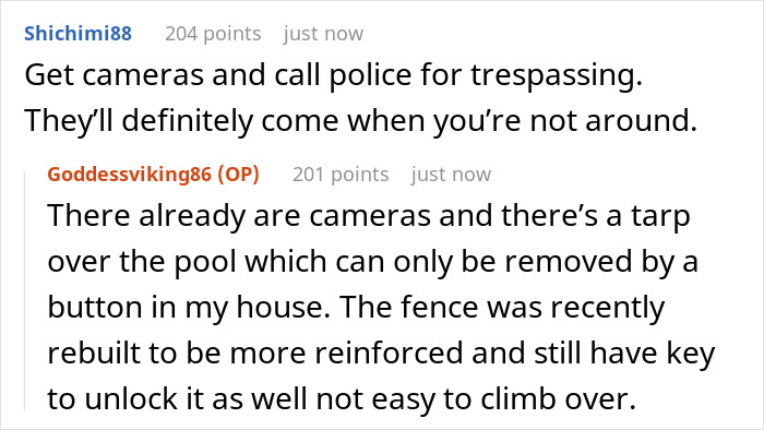 Screenshot of an online conversation about neighbors sending relatives to use the pool without consent and security measures in place. Screenshot of an online conversation about neighbors sending relatives to use the pool without consent and security measures in place.