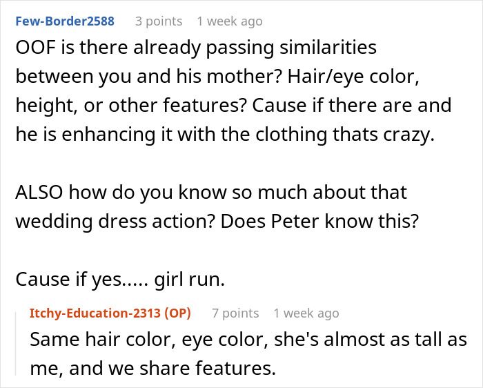 Alt text: Woman refuses to wear fiancé’s mom’s used wedding dress amid strange family dynamics discussion. Alt text: Woman refuses to wear fiancé’s mom’s used wedding dress amid strange family dynamics discussion.