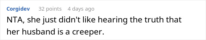 Text comment discussing a neighbor complaining about a woman’s outfit because her husband keeps staring at her.