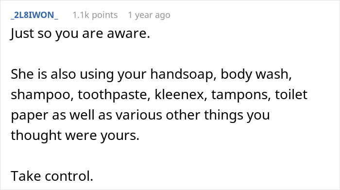 Comment text about middle-aged woman with a shopping habit repeatedly stealing roommate’s food and other personal items.
