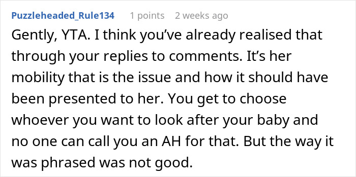 Reddit comment discussing a woman not letting obese mom babysit newborn and accusations of fat shaming controversy. Reddit comment discussing a woman not letting obese mom babysit newborn and accusations of fat shaming controversy.