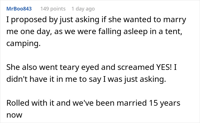 Text post describing a boyfriend jokingly proposing to his girlfriend while camping, and she seriously said yes. Text post describing a boyfriend jokingly proposing to his girlfriend while camping, and she seriously said yes.