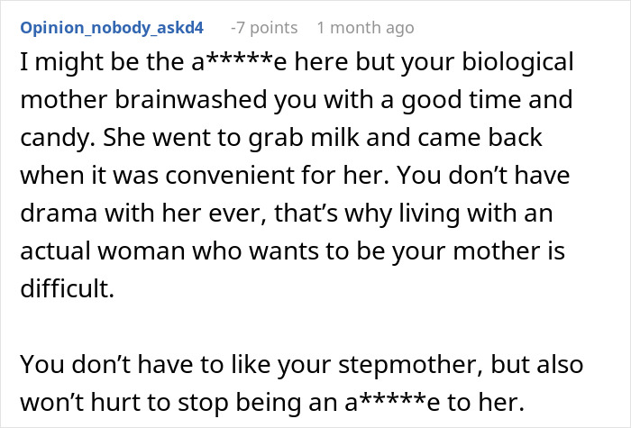 Screenshot of an online comment discussing challenges with a stepmother and loyalty to biological mother in family dynamics. Screenshot of an online comment discussing challenges with a stepmother and loyalty to biological mother in family dynamics.