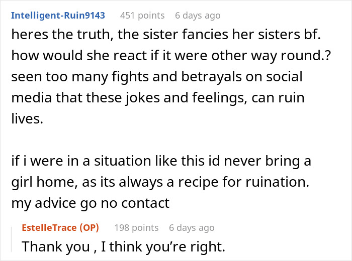 Commenter discusses sister's fiancé and warns about below-the-belt remarks causing family conflict and wedding ban.