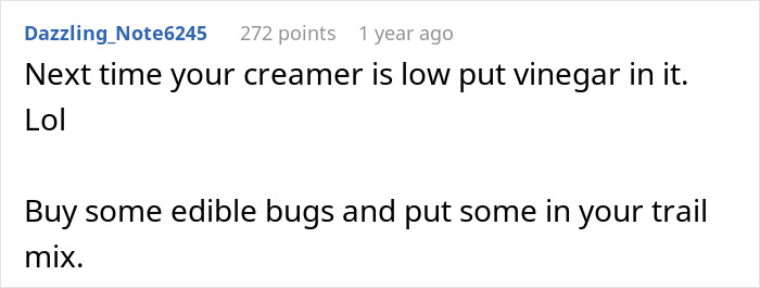 Comment text about a middle-aged woman with a shopping habit stealing her roommate’s food, frustrating them both.