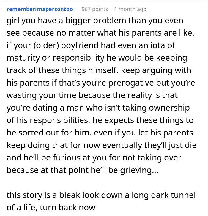 Reddit comment about helicopter parents treating 29YO son’s girlfriend like a nanny and daily planner, highlighting relationship issues. Reddit comment about helicopter parents treating 29YO son’s girlfriend like a nanny and daily planner, highlighting relationship issues.