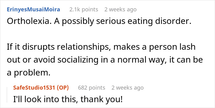 Screenshot of an online discussion about orthorexia affecting relationships and social behavior. Screenshot of an online discussion about orthorexia affecting relationships and social behavior.