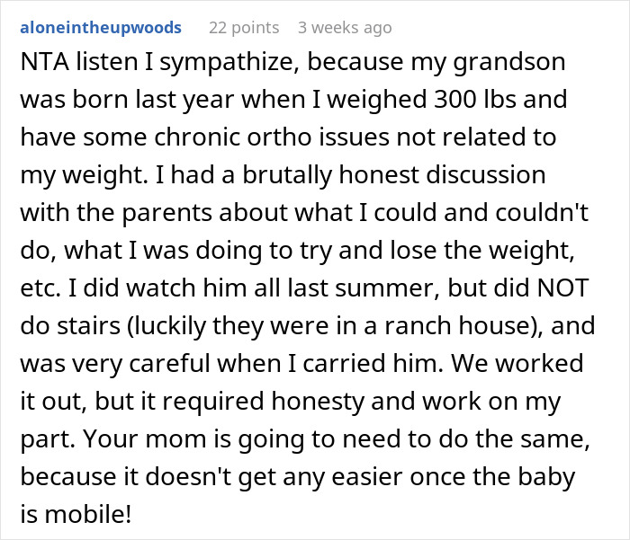 Comment on a parenting forum discussing concerns about an obese mom babysitting a newborn and fat shaming issues. Comment on a parenting forum discussing concerns about an obese mom babysitting a newborn and fat shaming issues.