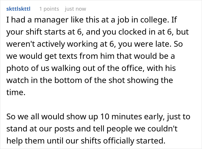 Text post describing a clever workaround by employees under a boss obsessed with punctuality and shaming workers for being on time. Text post describing a clever workaround by employees under a boss obsessed with punctuality and shaming workers for being on time.