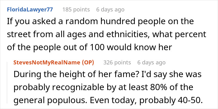 Alt text: Screenshot of online discussion about dating a famous actress and her level of public recognition over time