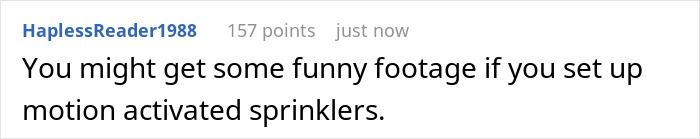 Comment suggesting to set up motion-activated sprinklers to deter neighbors sending relatives to use the pool without consent. Comment suggesting to set up motion-activated sprinklers to deter neighbors sending relatives to use the pool without consent.