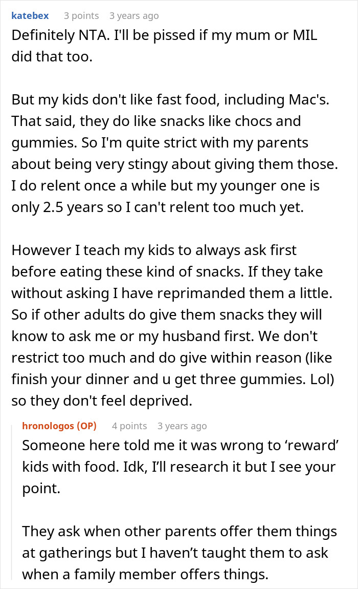 Screenshot of a parenting forum discussing mom refusing to leave kids with MIL who feeds them too much fast food. Screenshot of a parenting forum discussing mom refusing to leave kids with MIL who feeds them too much fast food.