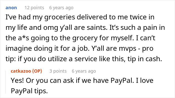 Screenshot of an online comment discussing grocery delivery and tipping, relating to grocery Karen refusing to pay. Screenshot of an online comment discussing grocery delivery and tipping, relating to grocery Karen refusing to pay.