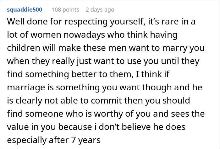 Reddit user discussing a woman open to having kids but her boyfriend shows no interest in getting married after 7 years. Reddit user discussing a woman open to having kids but her boyfriend shows no interest in getting married after 7 years.