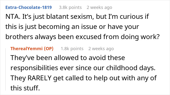 Screenshot of a Reddit thread discussing sexism and brothers avoiding chores at their parents' house.